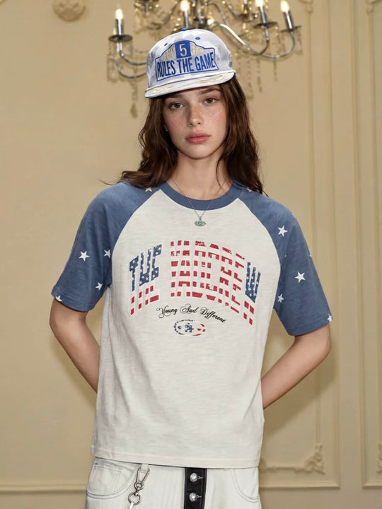 YADcrew American Star Print Raglan Color Block Tee | Face 3 Face