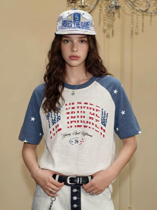 YADcrew American Star Print Raglan Color Block Tee | Face 3 Face