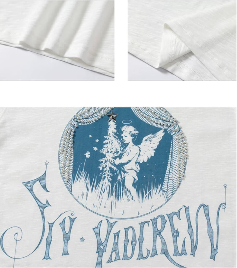YADcrew Angel Print Star Studded Pearl Embellished Tee | Face 3 Face