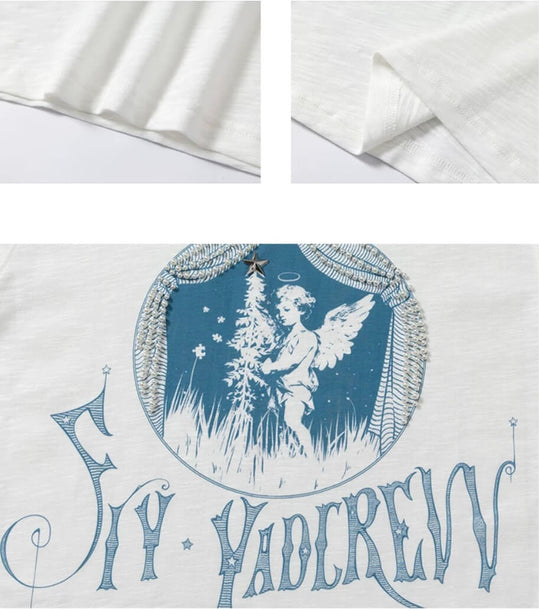 YADcrew Angel Print Star Studded Pearl Embellished Tee | Face 3 Face
