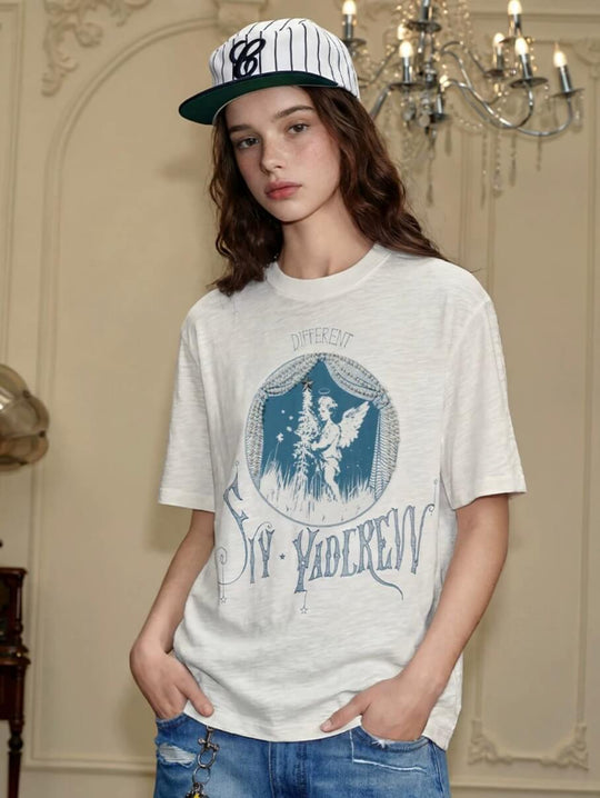 YADcrew Angel Print Star Studded Pearl Embellished Tee | Face 3 Face
