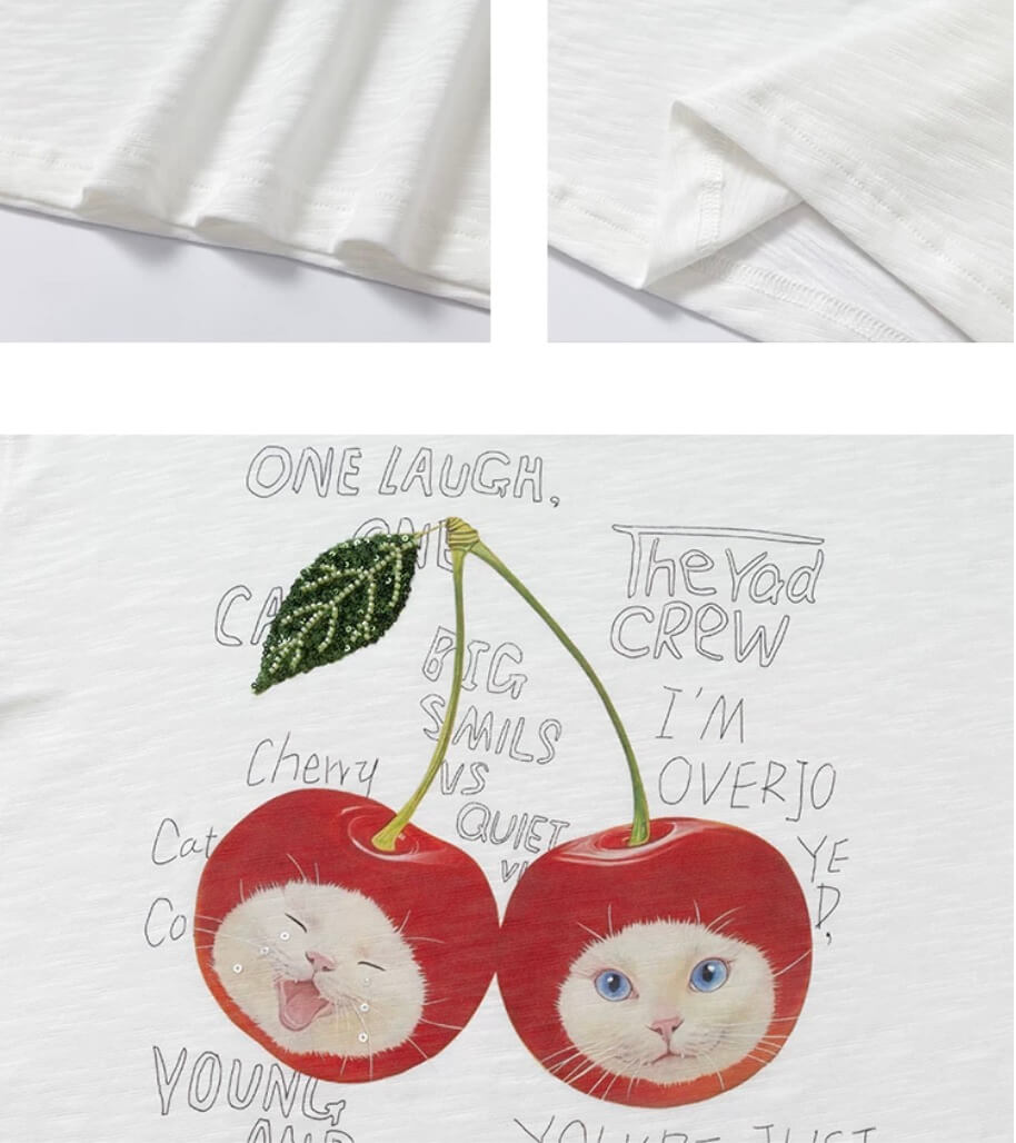 YADcrew Cherry Cat Print Bead and Rhinestone Tee | Face 3 Face