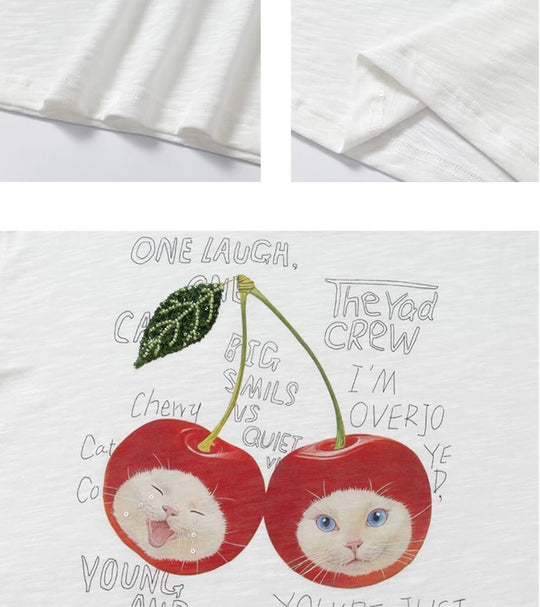 YADcrew Cherry Cat Print Bead and Rhinestone Tee | Face 3 Face
