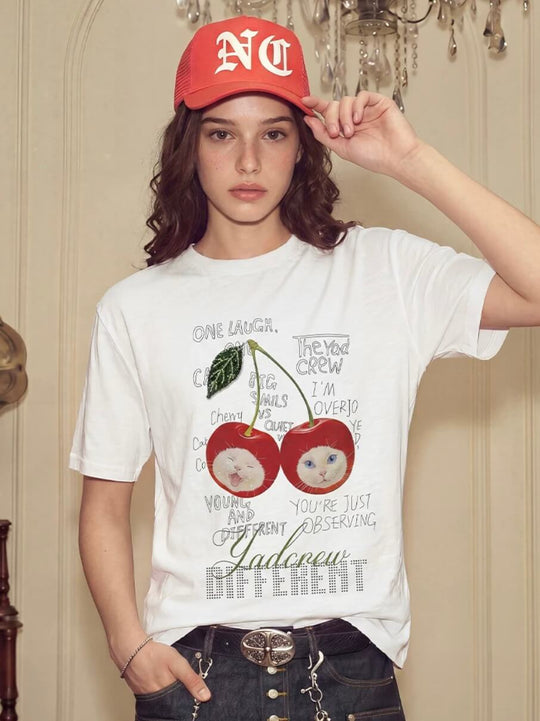 YADcrew Cherry Cat Print Bead and Rhinestone Tee | Face 3 Face