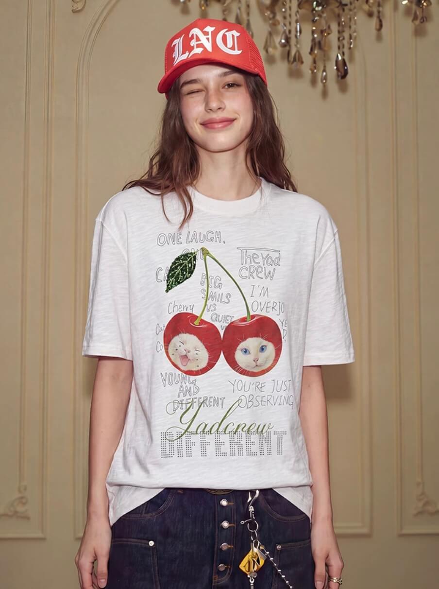 YADcrew Cherry Cat Print Bead and Rhinestone Tee | Face 3 Face