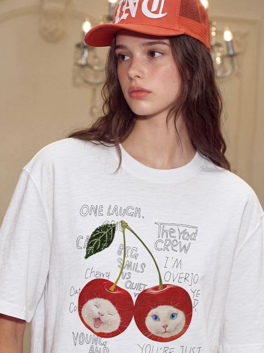 YADcrew Cherry Cat Print Bead and Rhinestone Tee | Face 3 Face