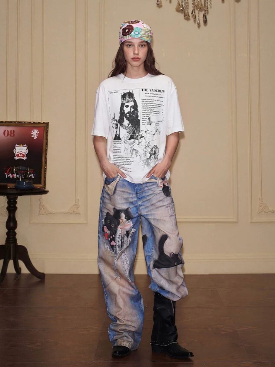 YADcrew Jesus Print Black Stone Studded Tee | Face 3 Face