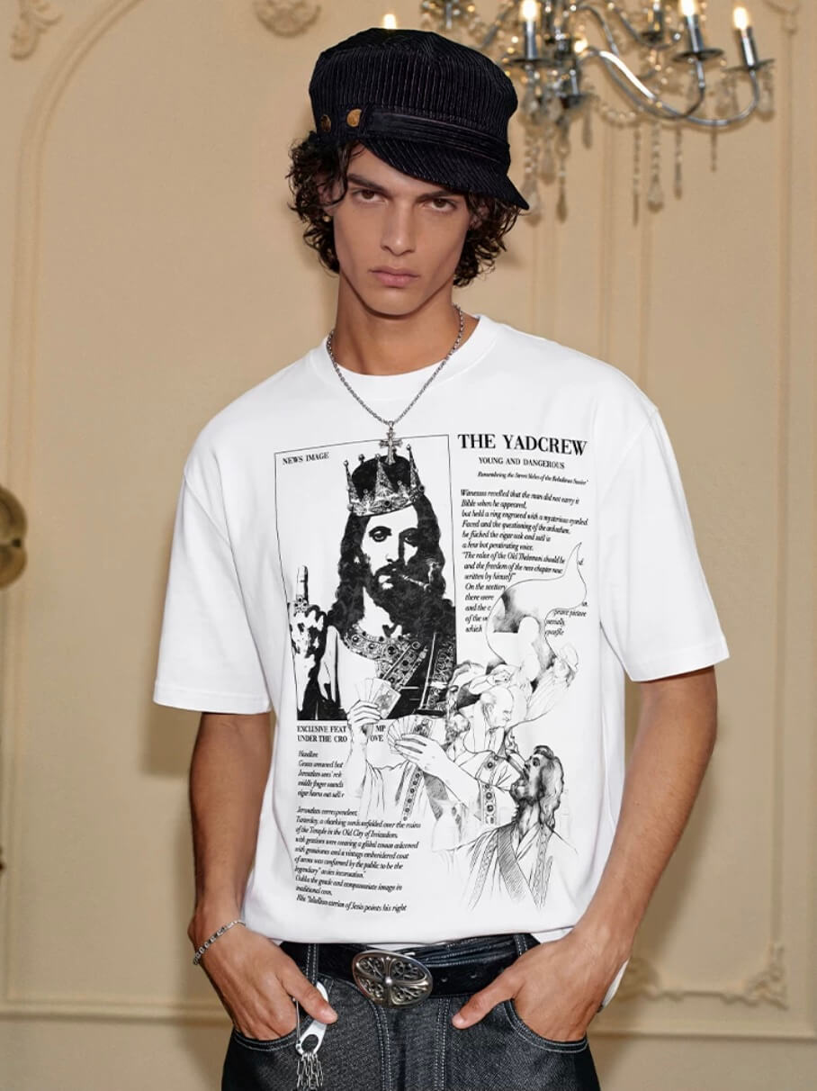YADcrew Jesus Print Black Stone Studded Tee | Face 3 Face