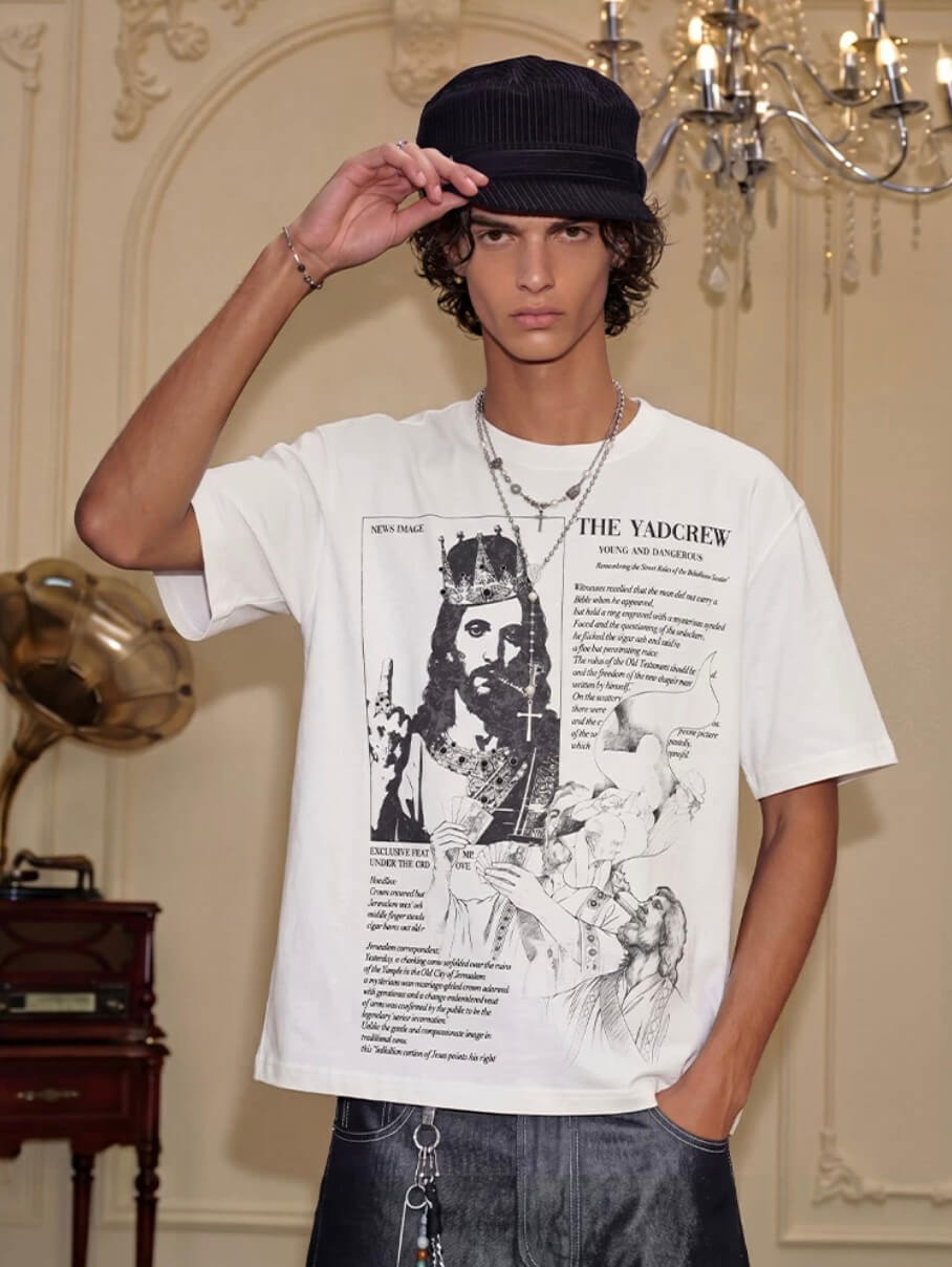 YADcrew Jesus Print Black Stone Studded Tee | Face 3 Face