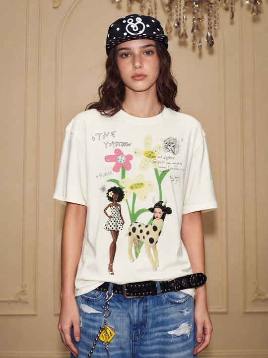 YADcrew Doll and Flower Art Print Rhinestone Tee | Face 3 Face