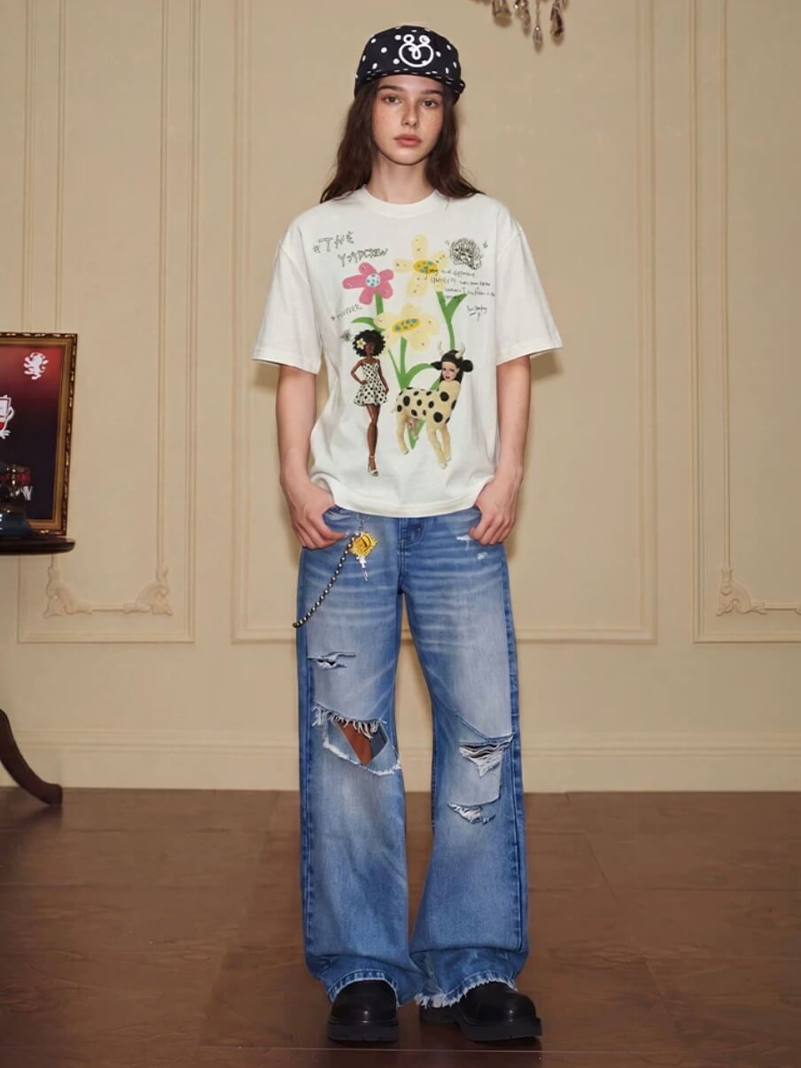 YADcrew Doll and Flower Art Print Rhinestone Tee | Face 3 Face