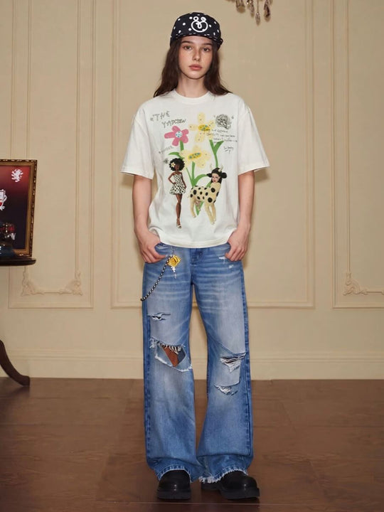 YADcrew Doll and Flower Art Print Rhinestone Tee | Face 3 Face