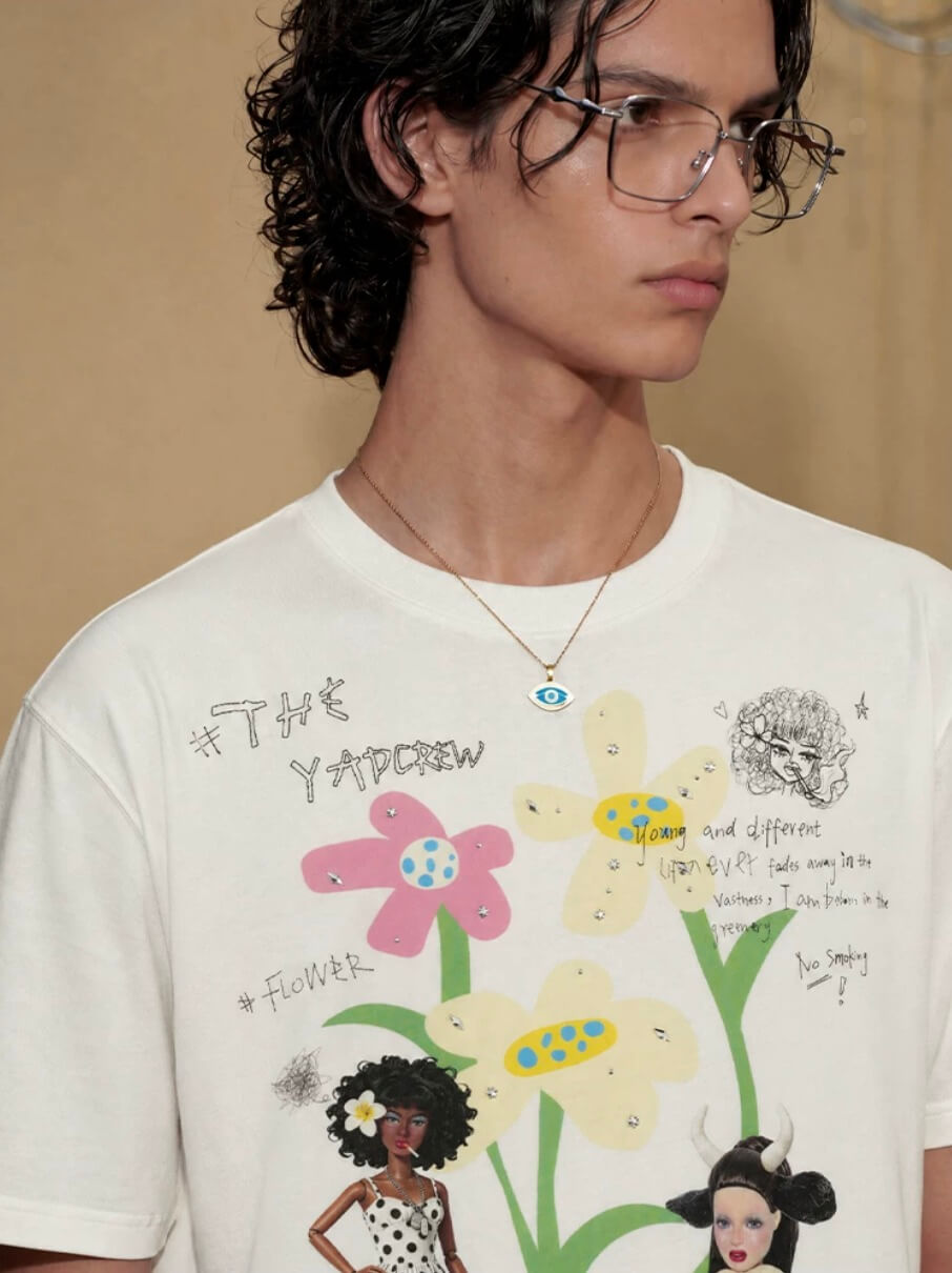 YADcrew Doll and Flower Art Print Rhinestone Tee | Face 3 Face