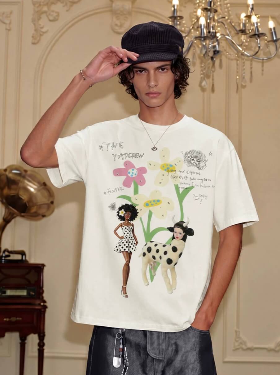 YADcrew Doll and Flower Art Print Rhinestone Tee | Face 3 Face