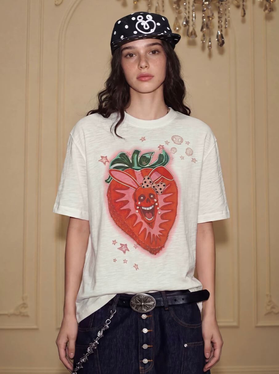 YADcrew Berry Bone Sweetheart Print Pearl and Rhinestone Tee | Face 3 Face