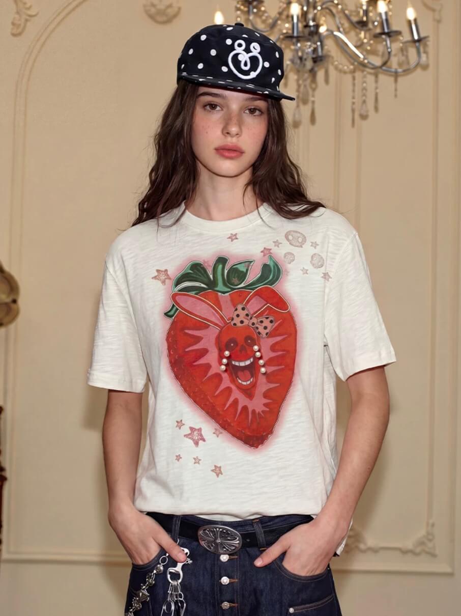 YADcrew Berry Bone Sweetheart Print Pearl and Rhinestone Tee | Face 3 Face