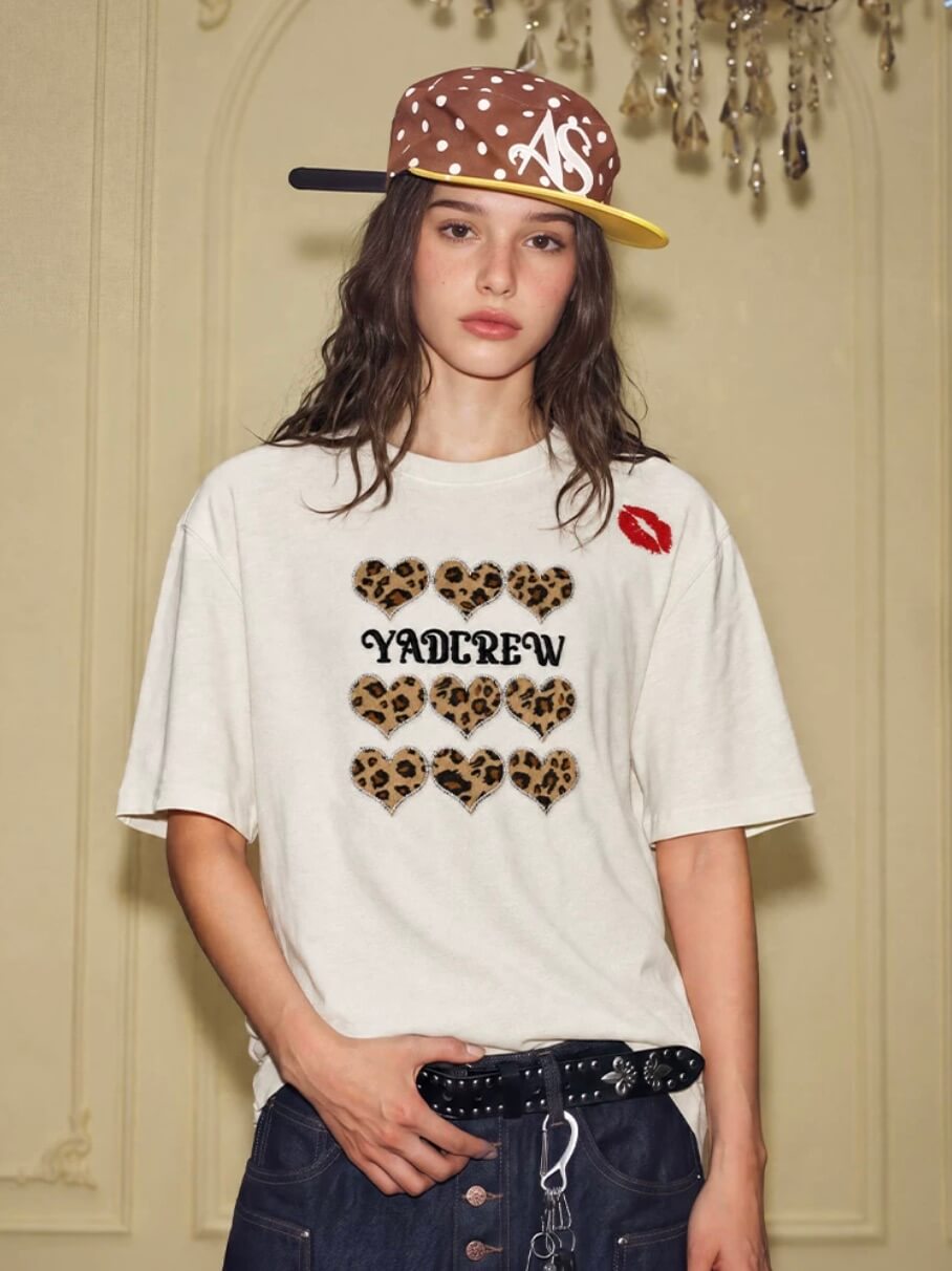 YADcrew Leopard Heart Patch Kiss Mark Tee | Face 3 Face