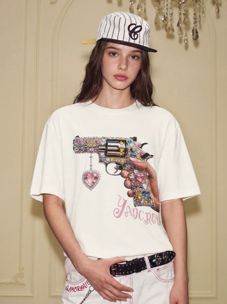 YADcrew Rhinestone Revolver Digital Print Tee | Face 3 Face