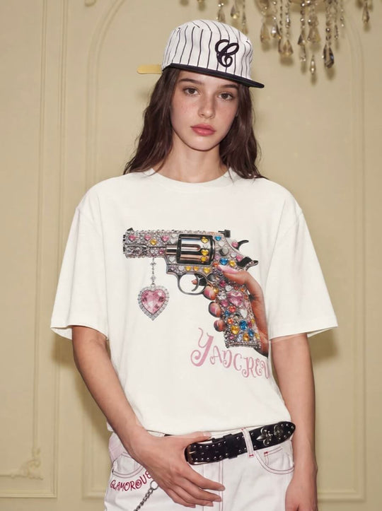 YADcrew Rhinestone Revolver Digital Print Tee | Face 3 Face