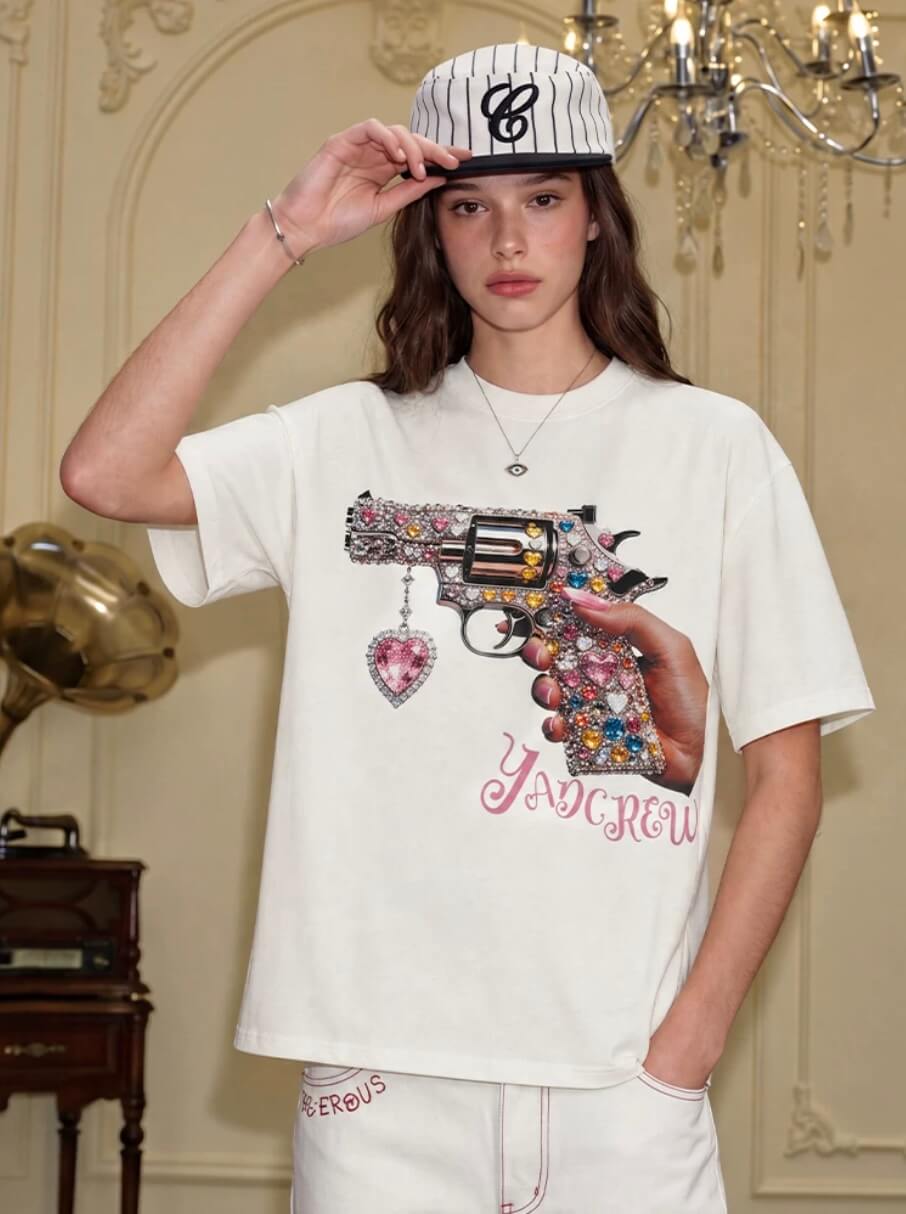 YADcrew Rhinestone Revolver Digital Print Tee | Face 3 Face