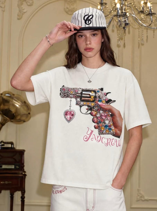 YADcrew Rhinestone Revolver Digital Print Tee | Face 3 Face