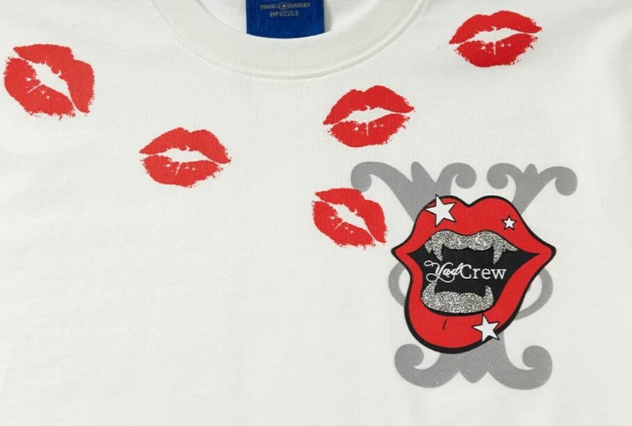 YADcrew Kiss Mark Print Rhinestone Glitter Tee | Face 3 Face