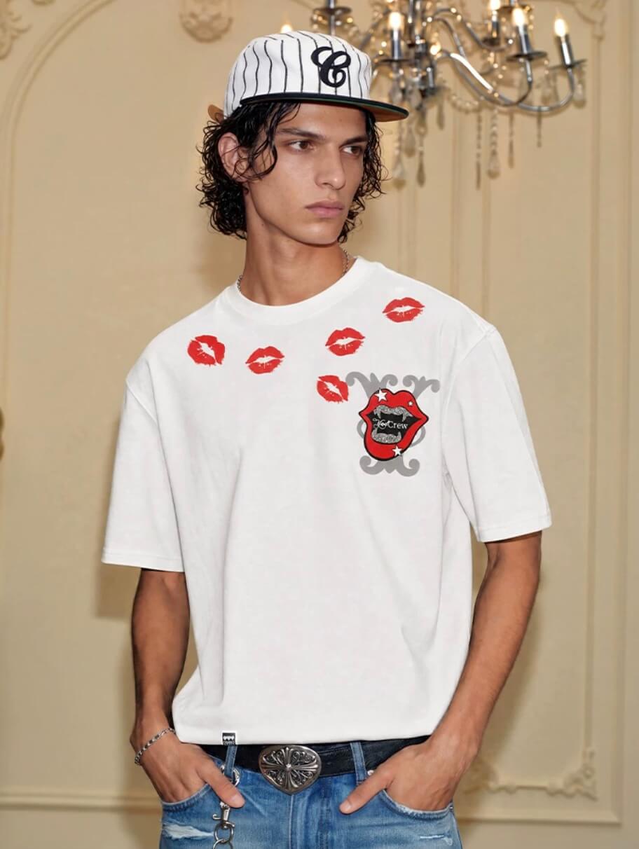 YADcrew Kiss Mark Print Rhinestone Glitter Tee | Face 3 Face