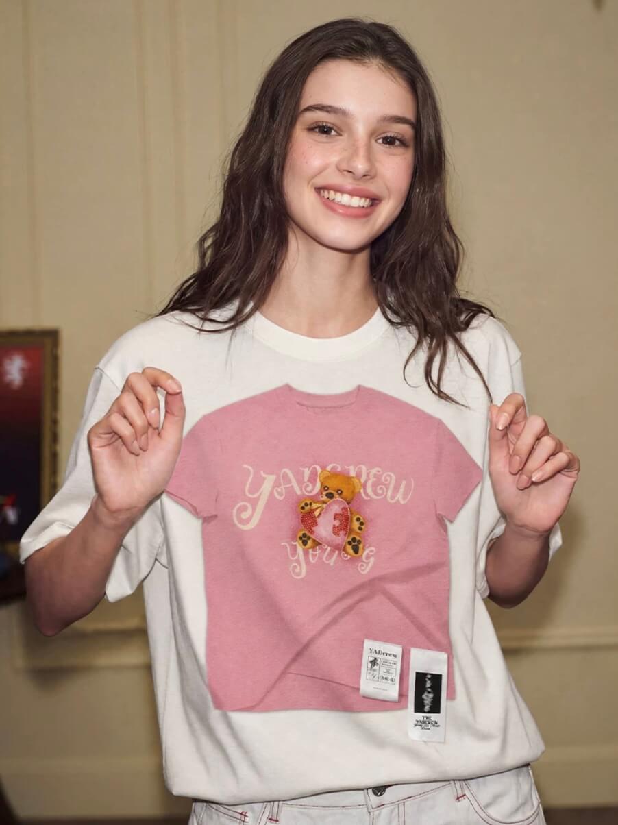 YADcrew Digital Print Cute Bear Rhinestone Tee | Face 3 Face