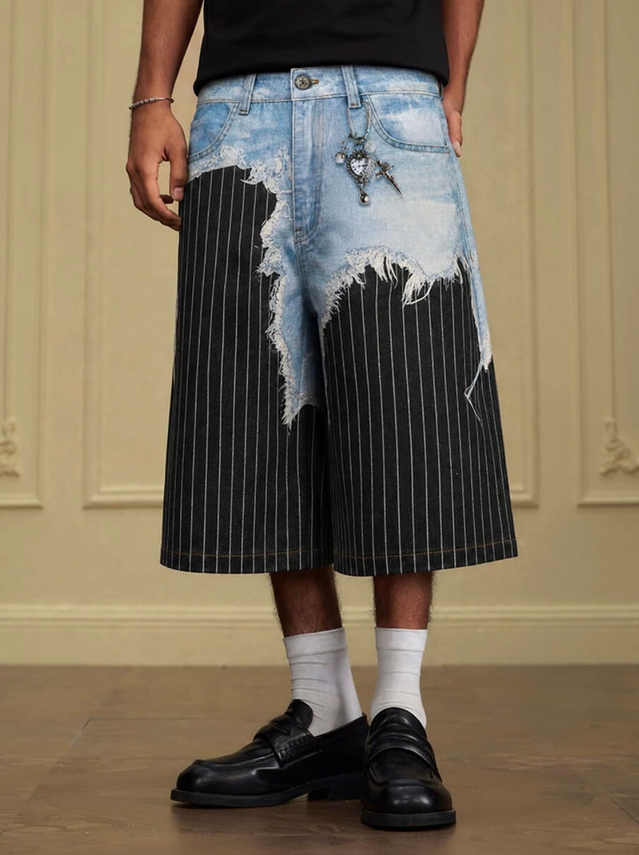 YADcrew Denim Stripe 3D Digital Print Shorts | Face 3 Face