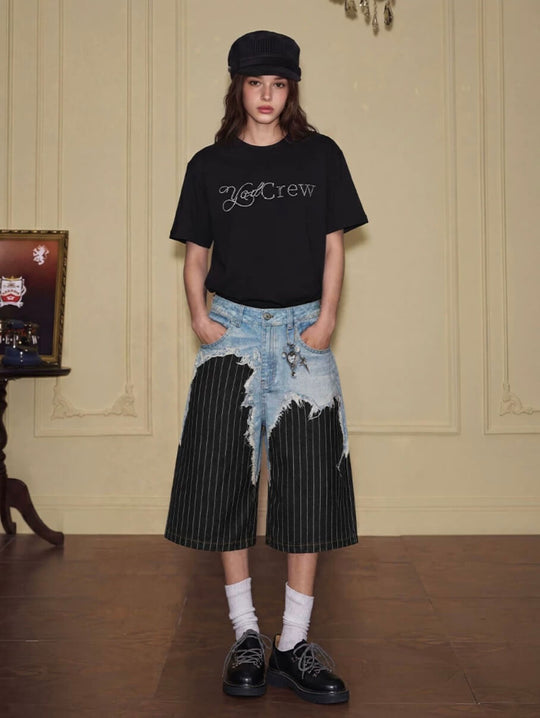 YADcrew Denim Stripe 3D Digital Print Shorts | Face 3 Face