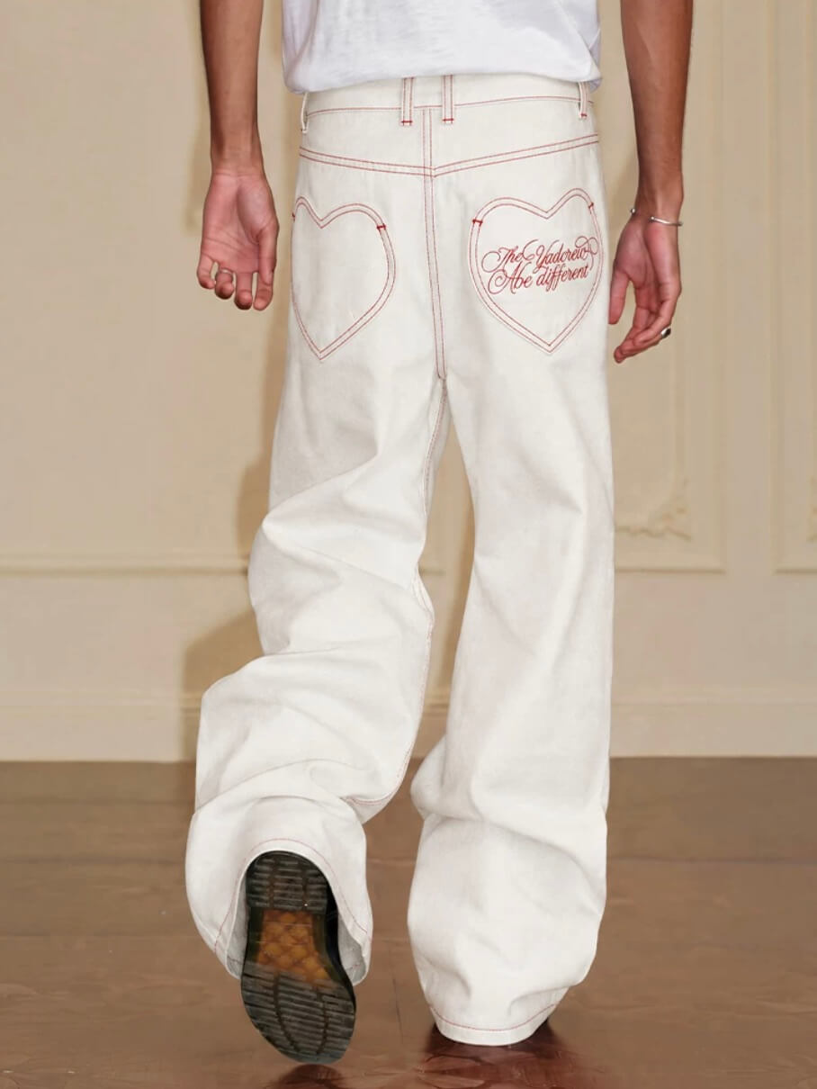 YADcrew Heart Shaped Pocket Slight Flare White Jeans | Face 3 Face