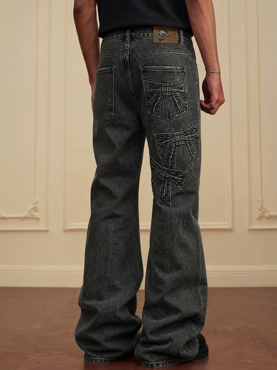YADcrew Ribbon Patch Distressed Vintage Flared Jeans | Face 3 Face