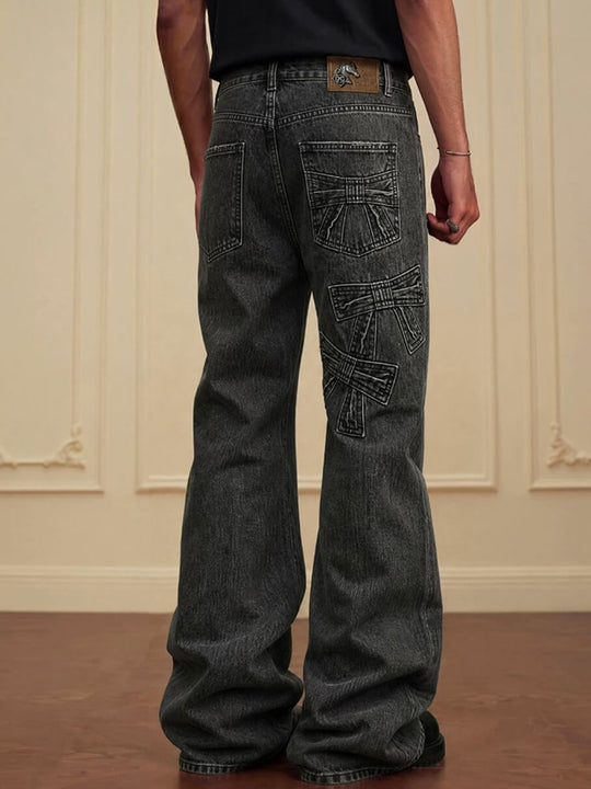 YADcrew Ribbon Patch Distressed Vintage Flared Jeans | Face 3 Face