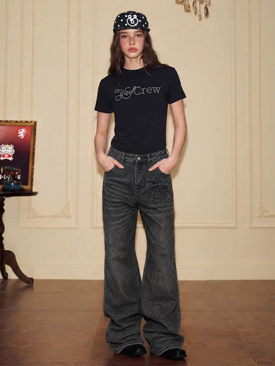 YADcrew Ribbon Patch Distressed Vintage Flared Jeans | Face 3 Face