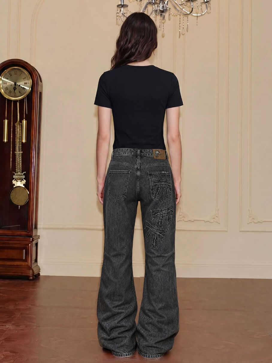 YADcrew Ribbon Patch Distressed Vintage Flared Jeans | Face 3 Face