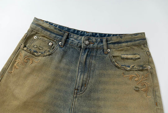YADcrew Baroque Embroidered Distressed Wash Slight Flare Jeans | Face 3 Face