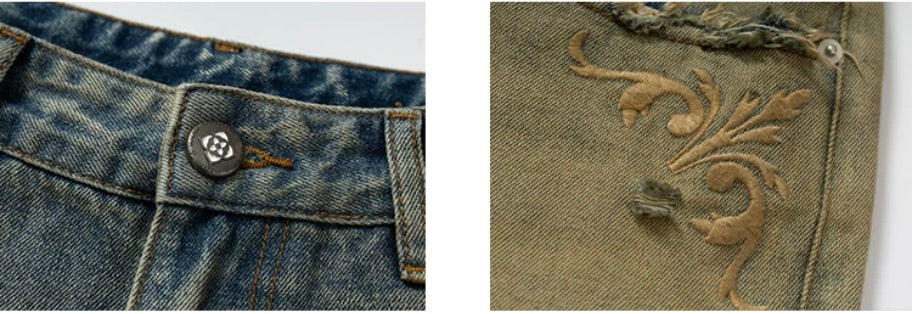YADcrew Baroque Embroidered Distressed Wash Slight Flare Jeans | Face 3 Face