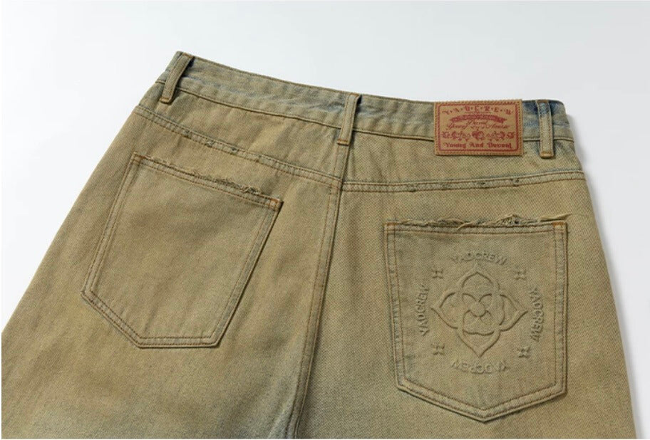 YADcrew Baroque Embroidered Distressed Wash Slight Flare Jeans | Face 3 Face