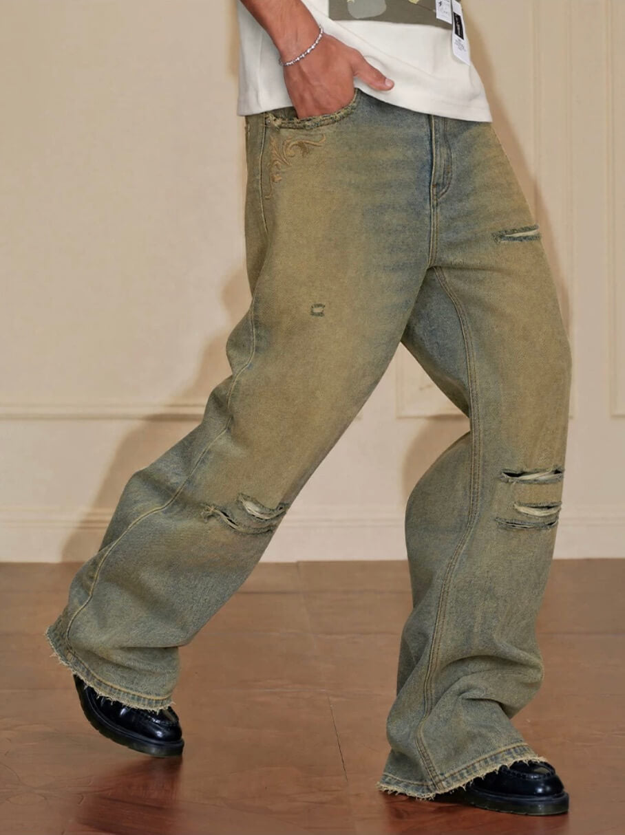 YADcrew Baroque Embroidered Distressed Wash Slight Flare Jeans | Face 3 Face