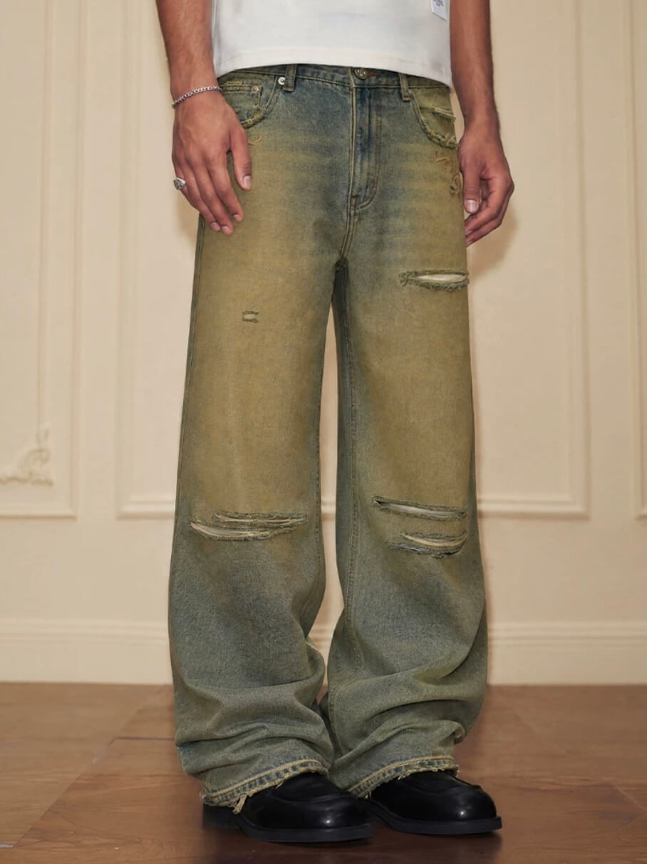 YADcrew Baroque Embroidered Distressed Wash Slight Flare Jeans | Face 3 Face
