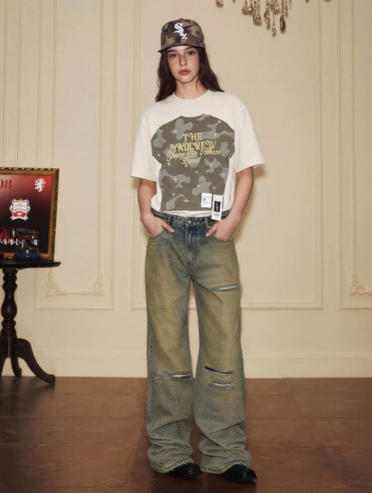 YADcrew Baroque Embroidered Distressed Wash Slight Flare Jeans | Face 3 Face