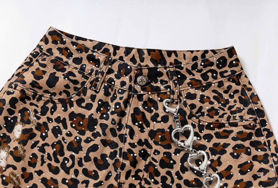 YADcrew Leopard Digital Print All Over Rhinestone Baggy Shorts | Face 3 Face