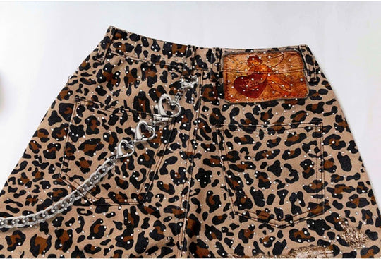YADcrew Leopard Digital Print All Over Rhinestone Baggy Shorts | Face 3 Face