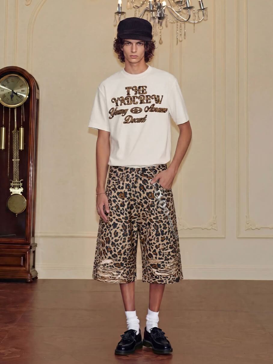 YADcrew Leopard Digital Print All Over Rhinestone Baggy Shorts | Face 3 Face