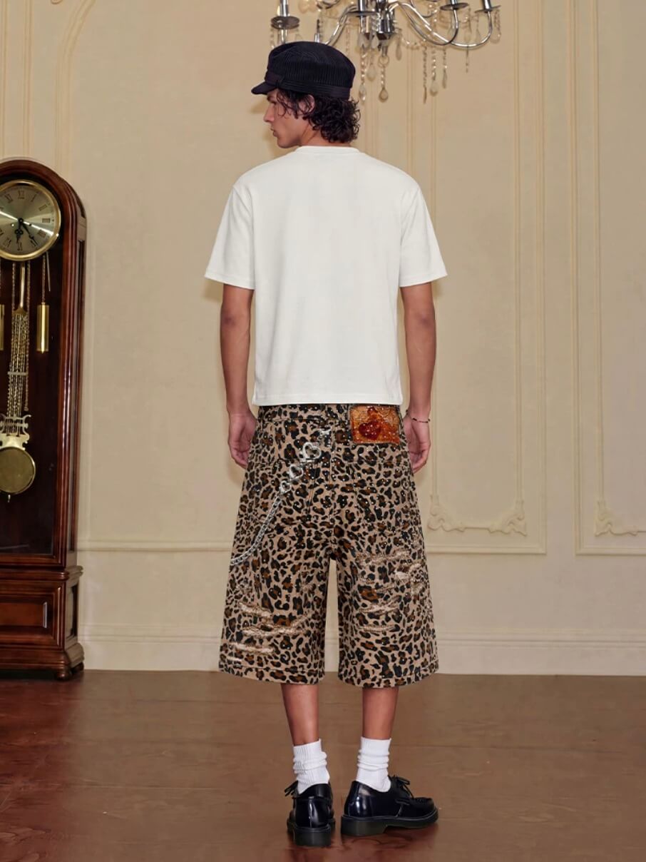 YADcrew Leopard Digital Print All Over Rhinestone Baggy Shorts | Face 3 Face