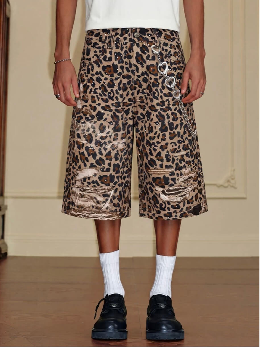 YADcrew Leopard Digital Print All Over Rhinestone Baggy Shorts | Face 3 Face