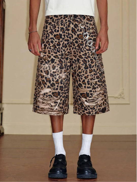 YADcrew Leopard Digital Print All Over Rhinestone Baggy Shorts | Face 3 Face