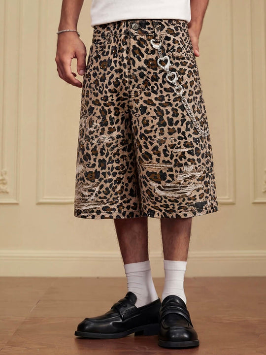 YADcrew Leopard Digital Print All Over Rhinestone Baggy Shorts | Face 3 Face