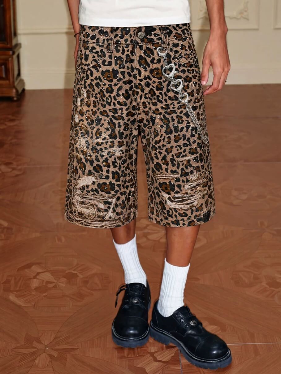 YADcrew Leopard Digital Print All Over Rhinestone Baggy Shorts | Face 3 Face