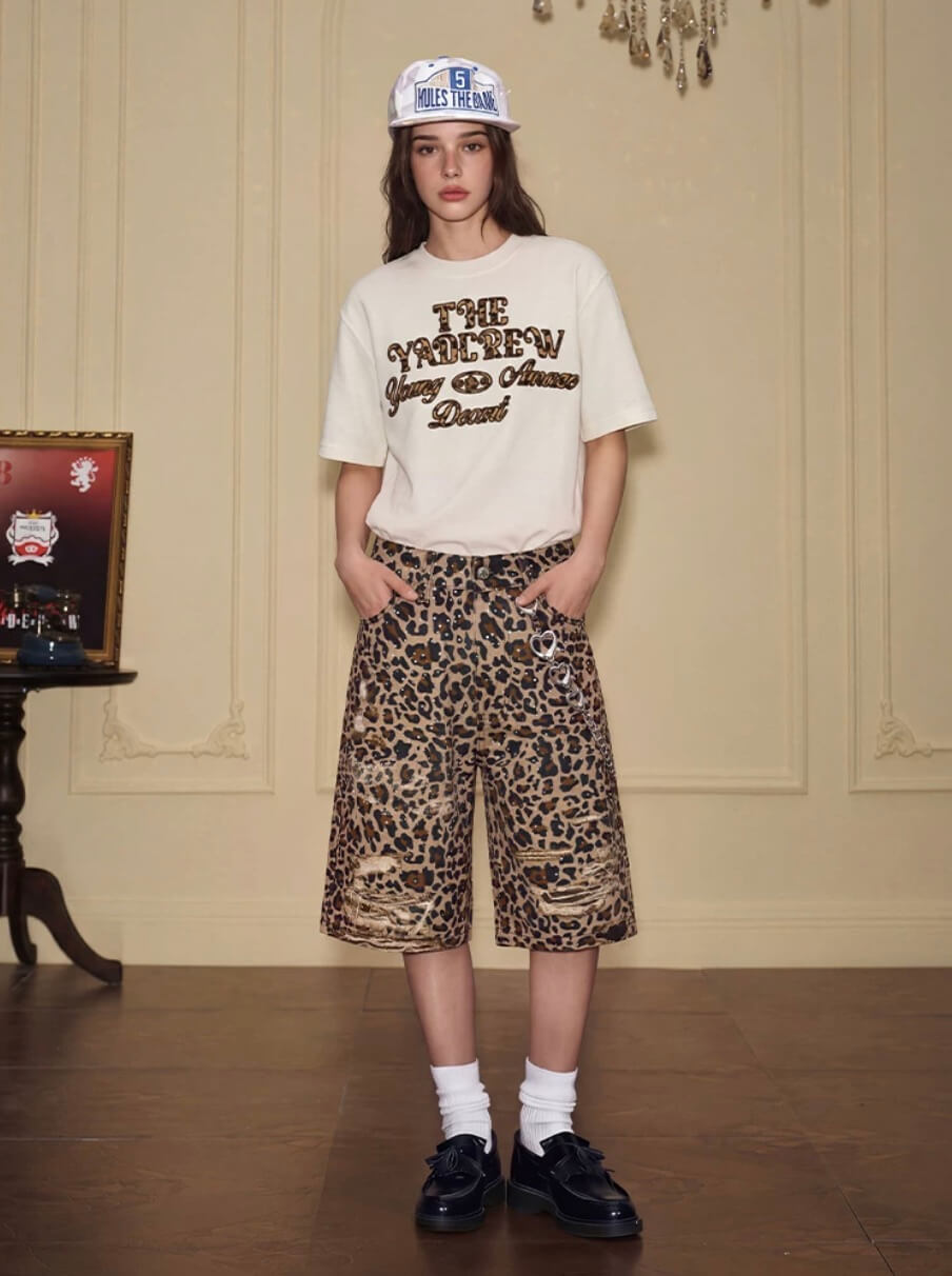 YADcrew Leopard Digital Print All Over Rhinestone Baggy Shorts | Face 3 Face
